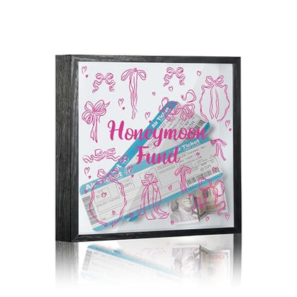 Honeymoon Fund Box, 8×8 Wedding Shadow Box Frame with Slot, Pink Bows Wedding Money Saving Decoration for Reception Bridal Shower, Travel Fund Memory Keepsake Gift for Newlyweds -A02 - size: 8×8 pink bows