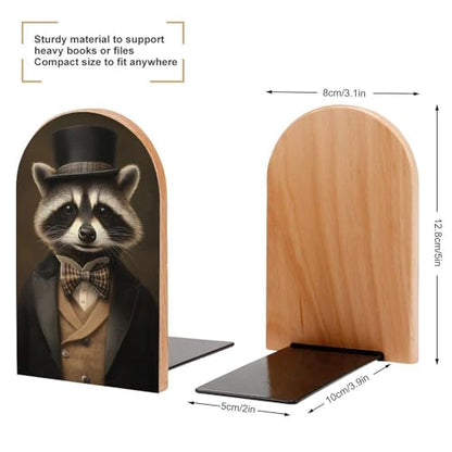 Raccoon in Formal Victorian Attire Wooden Bookends Shelves 2 PCS Sturdy Book Holders Desktop Organizer for Home Office Libraries