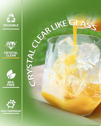 40 Pack Plastic Wine Glasses, 12 Oz Disposable Cocktail Whiskey Glasses | Clear Diamond Stemless Champagne Margarita Glasses, Unbreakable Reusable Plastic Party Cups for Wedding Birthday - color: Clear-40 Pack