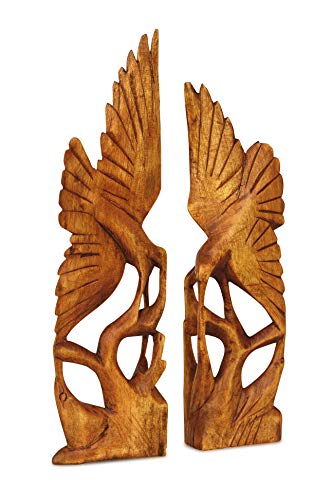 G6 Collection Wooden Hand Carved Set of Two Heron Bird Statue Figurine Sculpture Art Decorative Rustic Home Decor Accent Gift Handcrafted Decoration Handmade Heron Bird