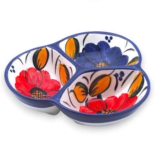 3-Compartment Ceramic Serving Dish, Handmade in Spain | 7.5” divided chip and dip bowl with lead-free glaze, microwave, oven and dishwasher safe, ideal for tapas, snacks and sauces - color: Fiesta Flower