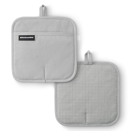 KITCHENAID Gourmet Series Gridlines Pot Holders 2-Pack Set, Heat Resistant up to 600°F, Soft Silicone Grip, Magnetic Cuff, Matte Grey, 8"x8" - color: Matte Grey