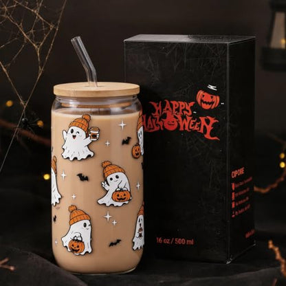 Halloween Ghost Gift Cute Pumpkin Glass Cup with Lid and Straw | Fall Iced Coffee Glass Tumbler Mug Gifts for Women Men, Birthday Thanksgiving Presents Basket Stuff for Teens Girls 16oz - style: Hat Ghost