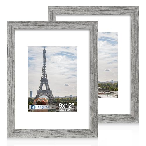 Hongkee 9x12 Picture Frame Set of 2, Made of Real Glass and Grey Wooden Frame - Display Pictures 6x8 with Mat or 9x12 Without Mat, 9 by 12 Photo for Wall or Tabletop - color: Grey, size: 9X12 in
