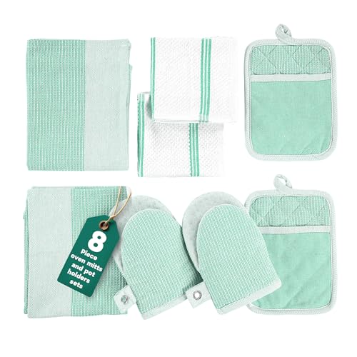 Casa Platino Potholders & Oven Mitts Heat Resistant, 8-Piece Mini Oven Mitt with Silicone Grip, Potholder for Kitchens, 2 Kitchen Towels & 2 Dish Cloths – Durable & Non-Slip – Sage - color: 01: Oven Mitts - Sage, size: Oven Mitt Set - 8 Pack