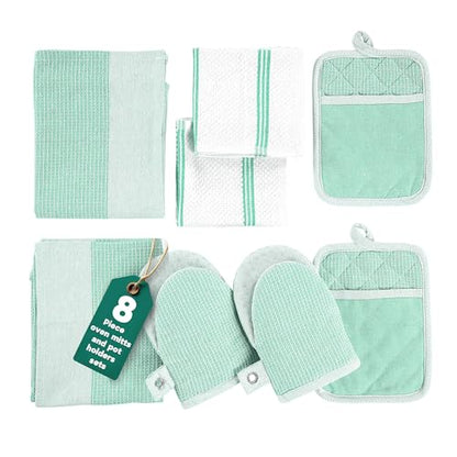 Casa Platino Potholders & Oven Mitts Heat Resistant, 8-Piece Mini Oven Mitt with Silicone Grip, Potholder for Kitchens, 2 Kitchen Towels & 2 Dish Cloths – Durable & Non-Slip – Sage - color: 01: Oven Mitts - Sage, size: Oven Mitt Set - 8 Pack