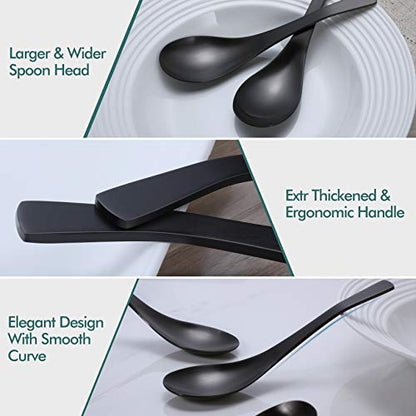 HIWARE Matte Black Thick Heavy-Weight Soup Spoons, Stainless Steel Soup Spoons, Table Spoons, Set of 6 - color: Black