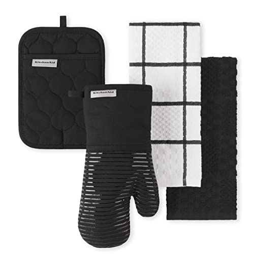KitchenAid Quilted Cotton Terry Cloth Oven Mitt, Pot Holder, Kitchen Towel 4-Pack Set, Heat Resistant, Silicone Grip, Gift Set, Matte Black, 16"x26", 7"x13" & 7"x10" - color: Matte Black