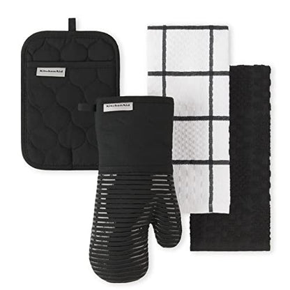 KitchenAid Quilted Cotton Terry Cloth Oven Mitt, Pot Holder, Kitchen Towel 4-Pack Set, Heat Resistant, Silicone Grip, Gift Set, Matte Black, 16"x26", 7"x13" & 7"x10" - color: Matte Black
