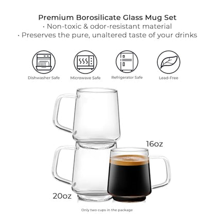 Aquach 20oz Stackable Glass Mugs Set of 2, Large Clear Coffee Tea Cups | Dishwasher/Microwave Safe, Borosilicate Glass, Comfort Handle, Smooth Rim, Stackable, Large Capacity - size: 20 oz
