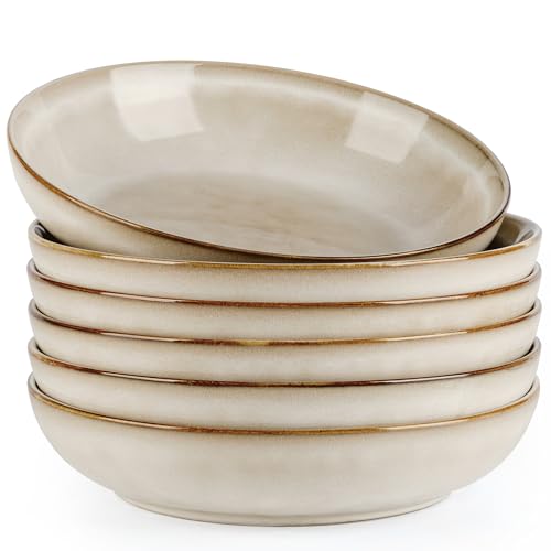 AmorArc 8.5’’ Ceramic Pasta Bowls Set of 6, 36oz Large Stoneware Bowls Set | Large Dinner Serving Bowls Set, Wide Bowl Plate for Pasta,Salad, Soup, Microwave Safe, Reactive Glaze-Cappuccino - color: Cappuccino, size: Set of 6