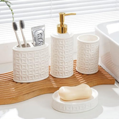 Bathroom Accessories Set 4 Pcs - Ceramic Soap Dispenser, Toothbrush Holder, Tumbler & Soap Dish with Coin Pattern Design, White Bathroom Decor Set for Counter Organization