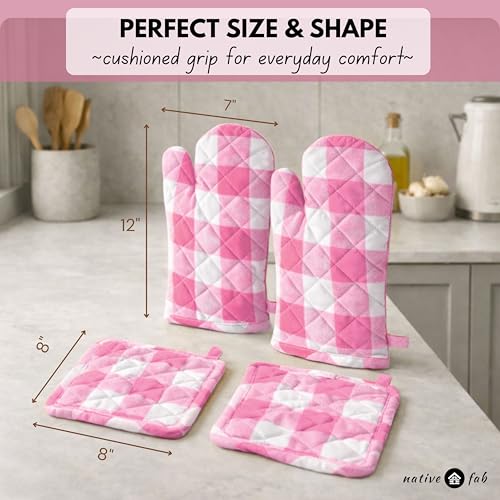 Native Fab Buffalo Plaid Check Oven Mitts and Pot Holders Set of 4, 100% Cotton Heat Resistant Kitchen Gloves, 2 Oven Mitts (7x13), 2 Pot Holders (8x8) for Cooking & Baking, Pink White - color: Buffalo, Rose Pink