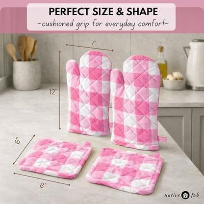 Native Fab Buffalo Plaid Check Oven Mitts and Pot Holders Set of 4, 100% Cotton Heat Resistant Kitchen Gloves, 2 Oven Mitts (7x13), 2 Pot Holders (8x8) for Cooking & Baking, Pink White - color: Buffalo, Rose Pink