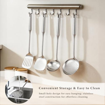 4-Piece Cooking Utensils Set, Stainless Steel Kitchen Utensils, Metal Kitchen Tools Include Solid & Slotted Turner Wok Spatula, Serving Spoon, Ergonomic Handle, Easy to Clean