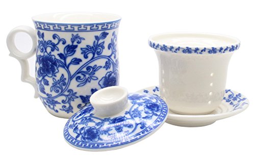 Porcelain Tea Cup with Infuser Lid and Saucer Sets - Chinese Jingdezhen Ceramics Coffee Mug Teacup Loose Leaf Tea Brewing System for Home Office - color: Wealth Blue and White