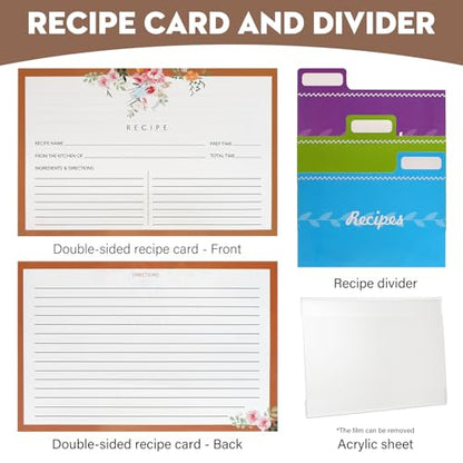 KIRIGEN Wooden Recipe Box with Cards and Dividers, 2 Compartments, Brown | Recipe Card Box Includes About 100 Cards, 100 Protectors, 12 Dividers, Acrylic Shield, Hinged Lid, and Metal Clasp - color: Brown