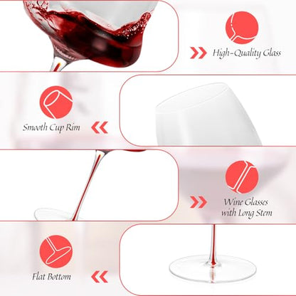 KAMMAK Crystal Red Wine Glasses Set of 2, 24.69 oz Stemmed Glasses, XY009 | Hand Blown, Bordeaux Wine Glasses, Thin Rim & Long Stem, Red & White, Daily Use, Wedding or Birthday Gift for Women - size: 8KPDSXY009