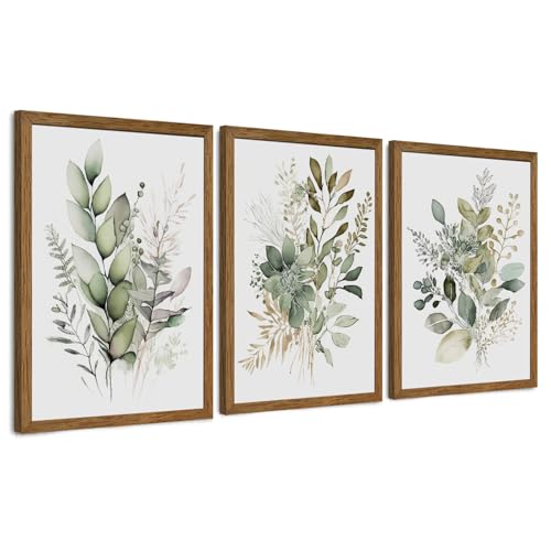 AVECCO 3 Pieces Green Watercolor Botanical Framed Canvas Wall Art 16x24 in | UV Fade-Resistant Ink, Giclee Print, Wooden Frame, Triptych Sage Green Leaf, Ready to Hang, Living Room Bedroom Decor - color: Sage Green Plant, size: 24"L x 16"W