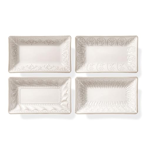 Appetizer Plates Set of 4, 8.25" Embossed Ceramic Rectangular Dessert Plates, Deep Lipped Edges, Microwave & Dishwasher Safe, Salad Sushi Snack Serving Plates (White, Multiple Patterns) - color: White (Multiple Patterns), size: 8.25 inch