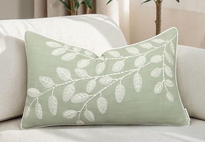 Rudransha Hand Embroidered Cotton Lumbar Pillow Cover - 12x20 Light Green Botanical Leaf Accent - Hazel Leaves - color: Light Green-hazel, size: 20" x 12" (Pack of 1)