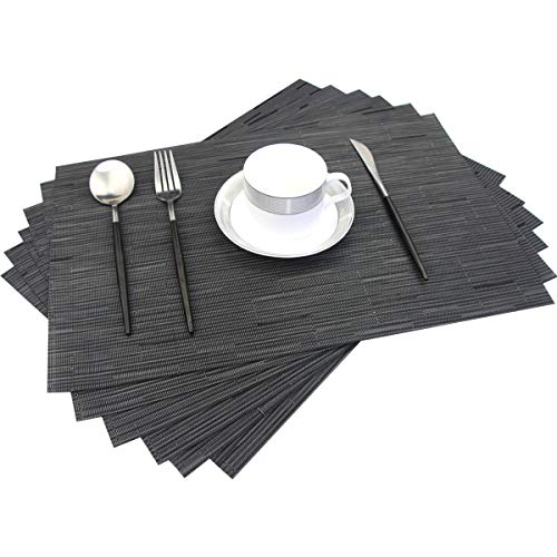 Placemats for Dining Table Washable Woven Vinyl Placemats Heat-resistand Table Dinner Placemats Set of 6 (Black) - color: Babmoo Black, size: placemats set of 6