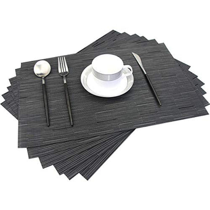 Placemats for Dining Table Washable Woven Vinyl Placemats Heat-resistand Table Dinner Placemats Set of 6 (Black) - color: Babmoo Black, size: placemats set of 6