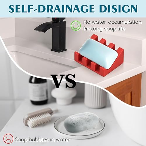 Silicone Soap Dish Self Draining with Suction Cups (Red,1 Pack) | Waterfall drainage design drains fast to keep soap dry silicone soap saver with reusable suction cups for bathroom & kitchen - color: Christmas Red, size: 1