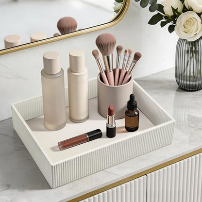 SITHON Valet Tray Desk Organizer PU Leather Catchall | Bedside Vanity Tray Nightstand Caddy Coin Box Key Jewelry Storage Organizer, Graduation, Stripe Pearl White - color: Stripe Pearl White