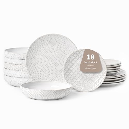 FOBENTA 18-Piece Embossed Ceramic Dinnerware Set–6 Dinner Plates,6 Salad Plates,6 Pasta Bowls,Elegant & Durable Tableware,Dishwasher & Microwave Safe,Perfect for Family & Entertaining - size: Service for 6-18Pcs (Pasta Bowl)