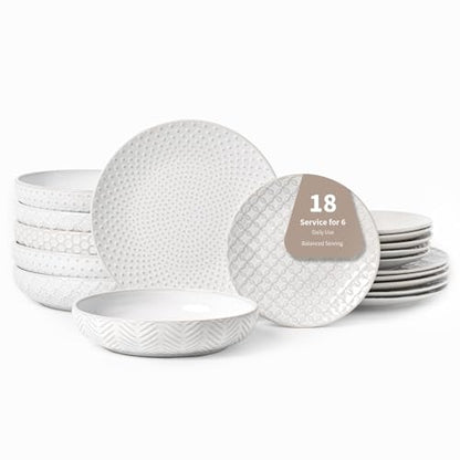 FOBENTA 18-Piece Embossed Ceramic Dinnerware Set–6 Dinner Plates,6 Salad Plates,6 Pasta Bowls,Elegant & Durable Tableware,Dishwasher & Microwave Safe,Perfect for Family & Entertaining - size: Service for 6-18Pcs (Pasta Bowl)