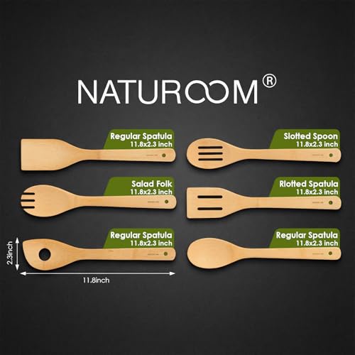 6 PCS Wooden Utensil Set, Bamboo Kitchen Cooking Spoons and Spatulas for Nonstick Cookware, 12 Inch Essential Wood Tools - size: 12 inches