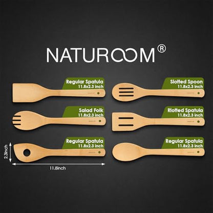 6 PCS Wooden Utensil Set, Bamboo Kitchen Cooking Spoons and Spatulas for Nonstick Cookware, 12 Inch Essential Wood Tools - size: 12 inches