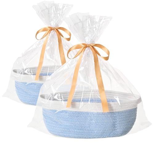 2-Pack Small Woven Gift Baskets Empty with Bags & Ribbons, Storage Basket for Father's Day for Dad, Baby Shower, Raffle, Birthday, Cute Organizer with Handles, 12"x8"x5", Blue&White - color: Blue&White, size: 2 Packs