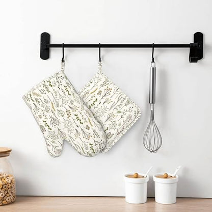 Colorful Wildplants Oven Mitts and Pot Holders Sets Silicone Wildflowers Kitchen Oven Mitts Hot Pads Heat Resistant Beige Potholders Kitchen Mitts Set for Baking BBQ Cooking - color: Beige Yellow
