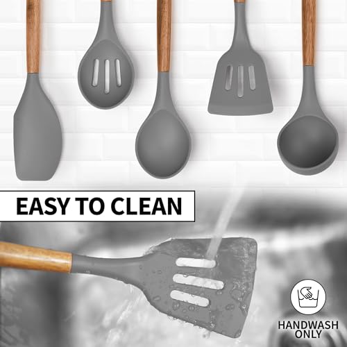 Zulay Kitchen 5 Piece Silicone Utensil Set | Non-Stick Silicone Cooking Utensils Set with Acacia Wood Handles - 464°F Heat Resistance Kitchen Utensils Set - Gray - color: Elegant Grey, size: 5-Piece Set