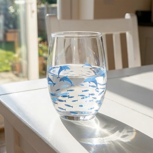 Hand Blown Etched Stemless Wine Glasses 19oz, Set of 4, Everyday Drinking Glasses, Large capacity, Unique Gifts for Him Her for Birthday, Wedding, Anniversary - color: Clear With Marine dolphins & fishes