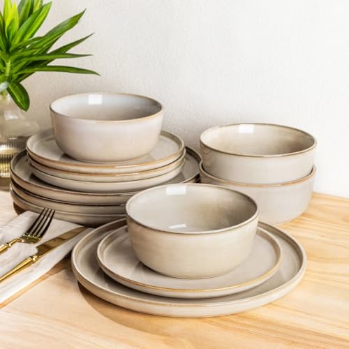 AmorArc Stoneware Dinnerware Sets for 6, 18Pcs Plates and Bowls Sets Dishes | Ceramic Round Reactive Glaze Dishes Set, Highly Scratch Resistant | Dishwasher & Microwave Safe Dishware - color: Cappuccino, size: Service for 6