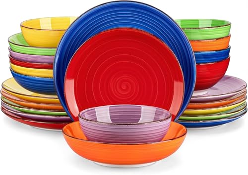 vancasso Bonita Dinnerware Sets, 24 Pieces Multicolor Stoneware Dinner Set | Handpainted Spirals Pattern Ceramic Plates and Bowls Sets, Kitchen Plate Set for 6 Dishes Sets-Microwave and Dishwasher Safe - color: Bonita Multicolor, size: Service for 6 (24 P