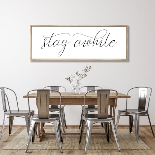 Rutiyoka Stay Awhile Sign Framed Farmhouse Dining Room Wall Decor Large 42"×15" Wood Kitchen Wall Art Brown - color: stay awhile (brown frame)