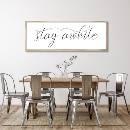 Rutiyoka Stay Awhile Sign Framed Farmhouse Dining Room Wall Decor Large 42"×15" Wood Kitchen Wall Art Brown - color: stay awhile (brown frame)