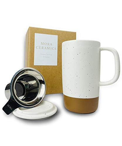 Mora Ceramics Large Tea Mug with Loose Leaf Infuser and Ceramic Lid, 18 oz, Portable, Microwave and Dishwasher Safe, Tall Coffee Cup - Rustic Matte Ceramic Glaze, Modern Herbal Tea Strainer, Cotton - color: Cotton White