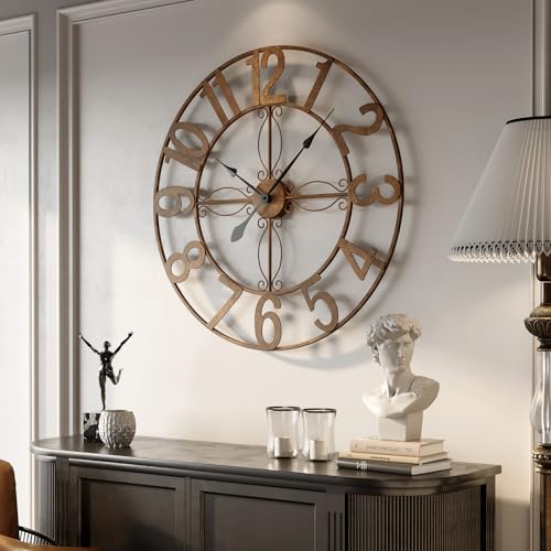 Cuspin 36 Inch Large Wall Clock Bronze Rustic Metal Decorative Clock | Battery operated, Silent non ticking, Arabic numerals, round metal frame, vintage rustic design, living room decor - color: Bronze Arabic Number, size: 36 Inch