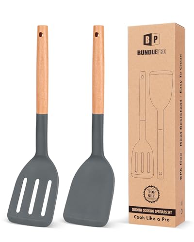Pack of 2 Silicone Cooking Spatula, Heat Resistant Solid Turner, Non Stick Slotted Spatulas with Wooden Short Handle,Ideal Wood Kitchen Utensils Set for Frying, Baking, Flipping, Turning - color: Dark Gray