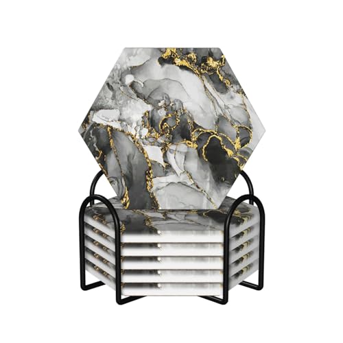 Abstract Dark Black Grey Marble Drinks Coasters Absorbent Stone with Holder Set of 6, Black Gray Ombre Golden Ink Texture Watercolor Art Hexagon Ceramic Coaster for Coffee Table Protection - color: Brown Black Gray Marble, size: Hexagon