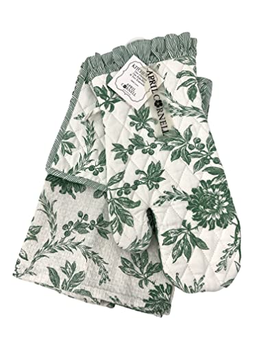 April Cornell 4-Pc. Felicity Green Bunny Floral Toile Kitchen Linen Gift Set | Lovely Floral Toile in Green and White | 100% Cotton