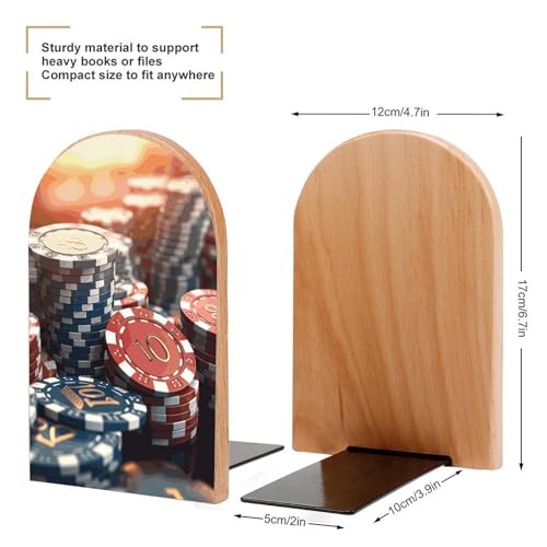 Casino Chips Book Ends for Shelves Heavy Duty Non-Slip Wooden Bookends with Metal Base Modern Decorative Wooden Book Holders Book Stopper for Home Office And Library,Books Shelf Holder Organizer Acces