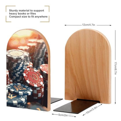 Casino Chips Book Ends for Shelves Heavy Duty Non-Slip Wooden Bookends with Metal Base Modern Decorative Wooden Book Holders Book Stopper for Home Office And Library,Books Shelf Holder Organizer Acces