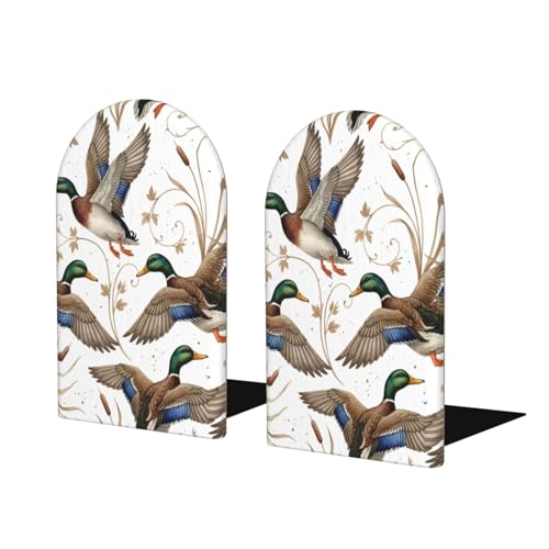 Wood Bookends for Shelves, Mallard Ducks Decorative Non-Slip Book Holder/Stands/Stopper for Office Home Decor, Aesthetic Book Ends, Desk Organizers, Book Dividers