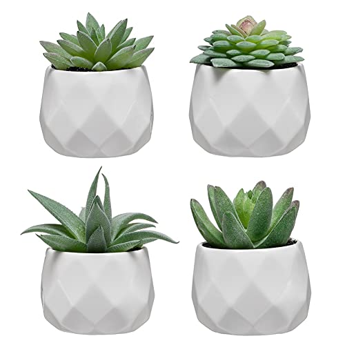 CADNLY Fake Succulent Plant Set - Artificial Plants for Women Desk - Realistic Faux Succulents in Ceramic Pots - Mini Green Decor for Bedroom Bathroom Office Shelf 4 Pack